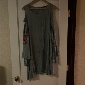 Sage green Cold Shoulder Dress with Floral Embroidery